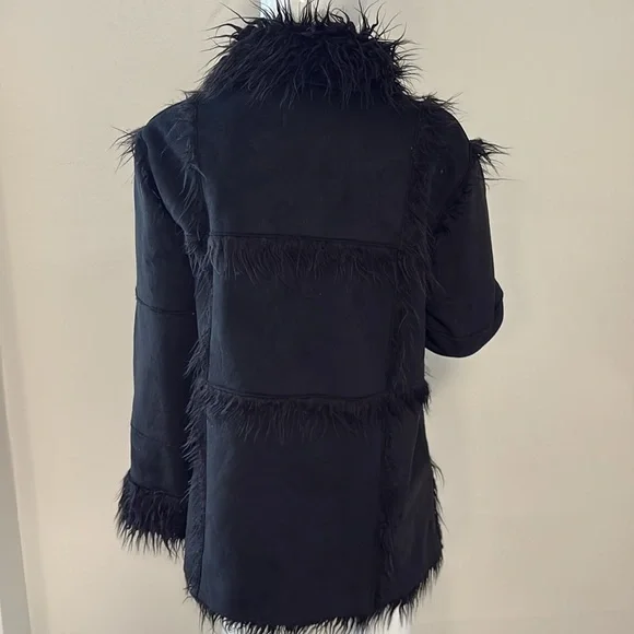 Dolls Kill Current Mood Black Vegan Suede Faux Fur Trim Penny Lane Toggle Coat - Picture 3 of 7